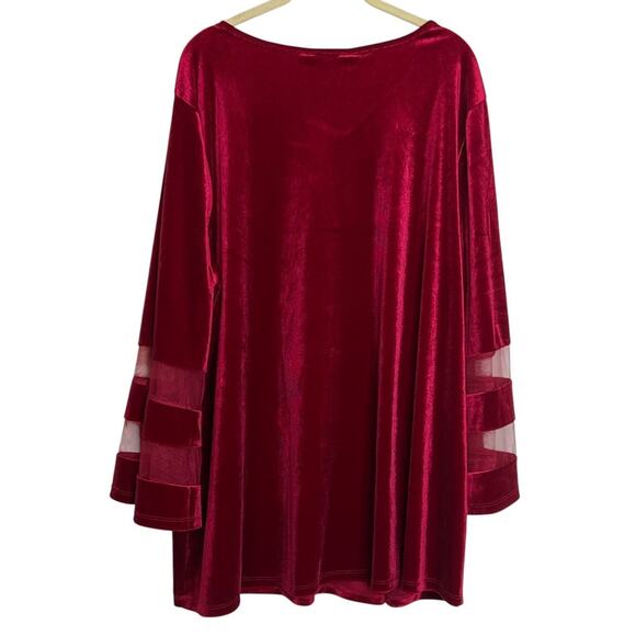 Slim Factor Investments Womens Velvet Tunic Top 2X Red Bell Sleeve Sheer Insets - Picture 4 of 8